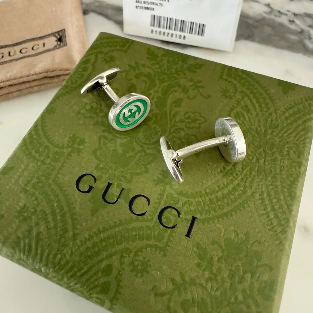 Gucci 681283 Silver Cufflinks with Green GG inlay, with box